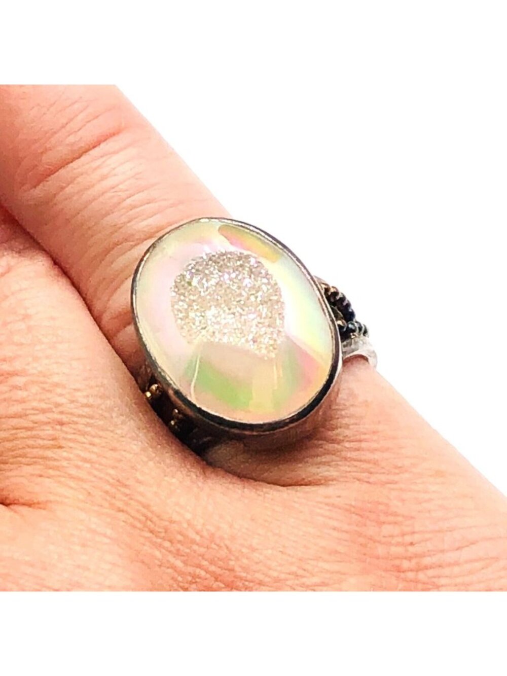 Sajen Opal White Drusy Quartz Sterling Silver Ring Adjustable Size
